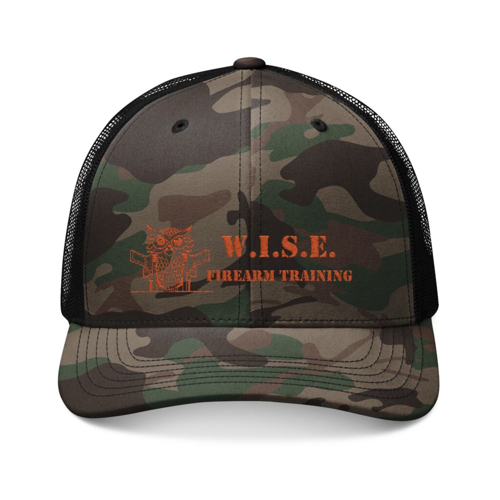 Camouflage Trucker Hat – Orange Embroidered 'W.I.S.E. Logo