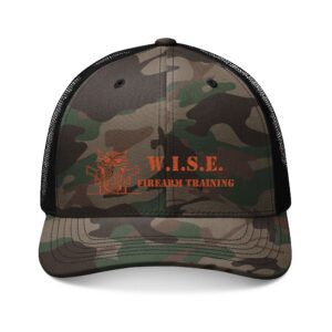Camouflage Trucker Hat – Orange Embroidered 'W.I.S.E.  Logo